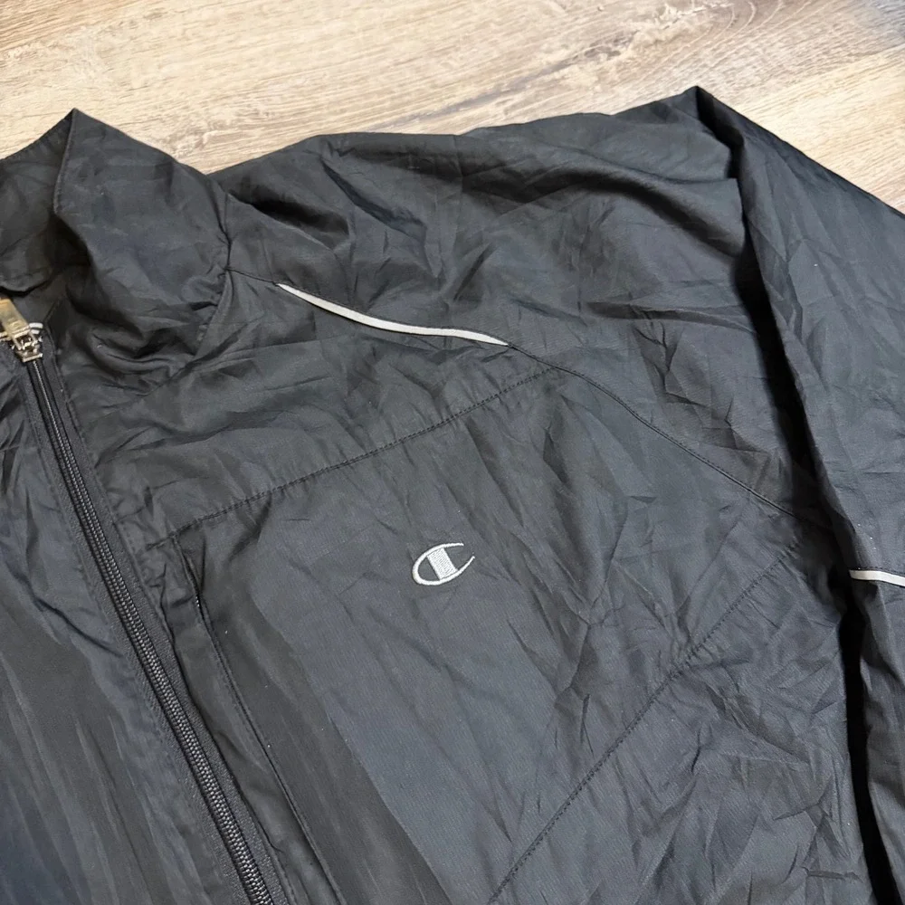 Champion Mens Black Windbreaker Jacket Reflective Trim Full Zip Large RN 55254
